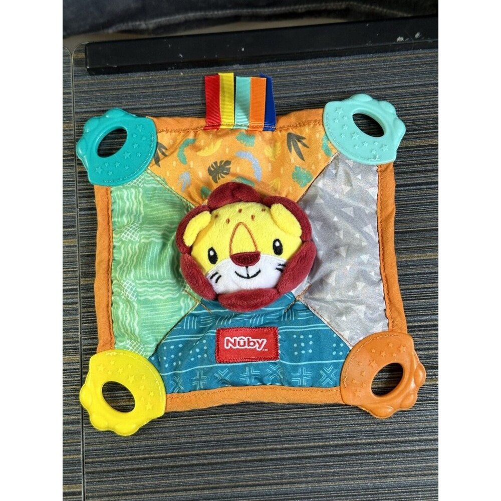 Nuby Lion Baby Lovey Teether Security Blanket 8"x 8" Ribbons‎